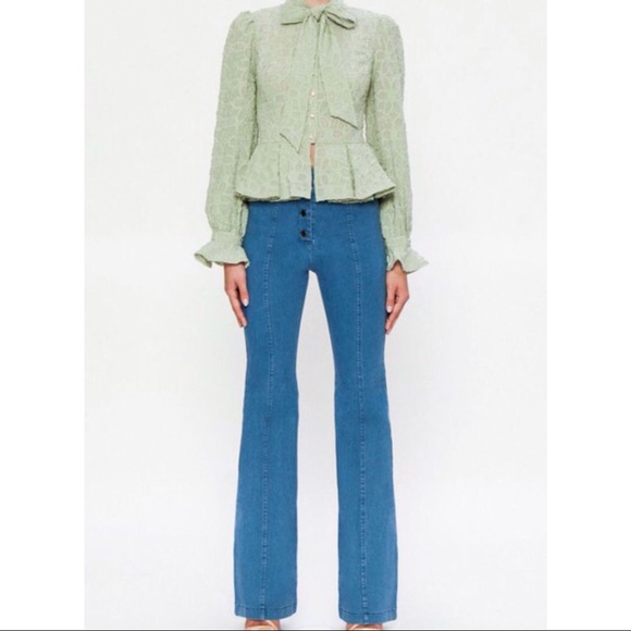 Mint green neck tie button peplum lace blouse top - Picture 4 of 9